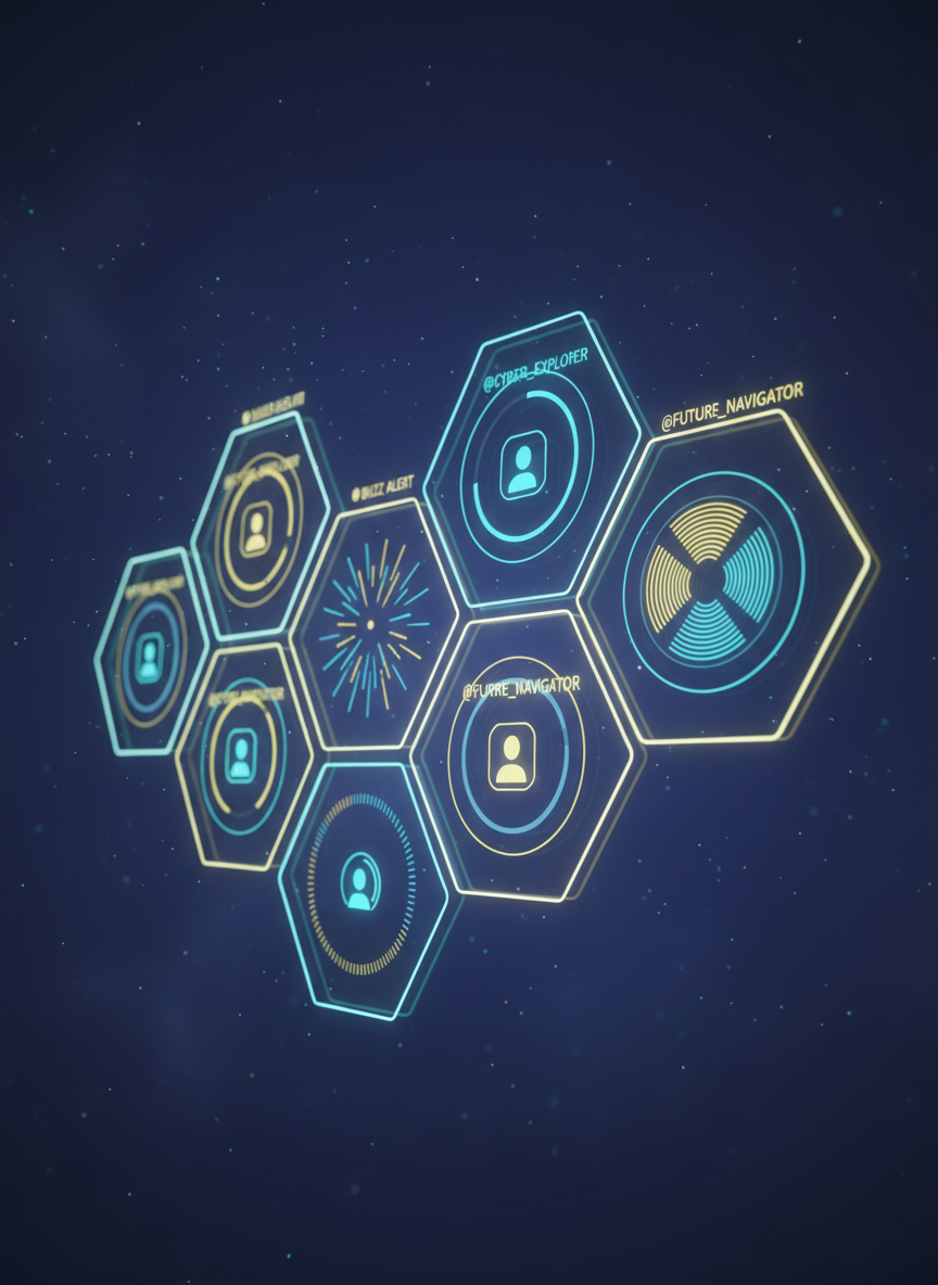 A futuristic digital-art dashboard interface floating in midair against a deep indigo gradient background, composed of overlapping translucent panels shaped as interlocking hexagons. Each panel displays proximity-based elements: distance rings, nearby profile previews, social handle tags, and animated buzz alert indicators. Soft neon light in cyan and honey-yellow edges each hexagon, creating a subtle glow that spills onto faint mist in the background. The mood is sleek, playful, and tech-savvy. The camera frames the dashboard at a slight three-quarter angle with a medium wide shot, giving a sense of depth as panels recede into the distance. Fine particle effects drift through the scene, enhancing the feeling of a dynamic, connected hive of information constantly updating in real time.