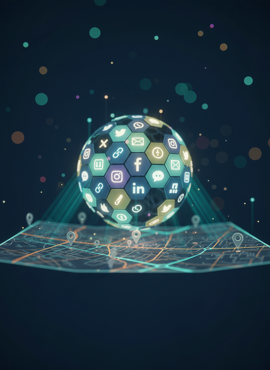 A stylized digital-art honeycomb globe floating at the center of the frame, each hexagonal cell glowing softly with different icons for social platforms, links, and message bubbles. The globe hovers above a sleek, gradient map surface composed of faint street lines and location pins, suggesting proximity connections. Neon teal and warm amber light radiate from the globe, casting subtle reflections on the map below. The background fades into a deep midnight blue with soft bokeh particles, creating a playful yet futuristic atmosphere. Shot from a slightly elevated angle with a sharp focus on the globe and a gentle depth-of-field blur toward the edges, the composition feels clean, modern, and energetic, embodying proximity networking made visible.