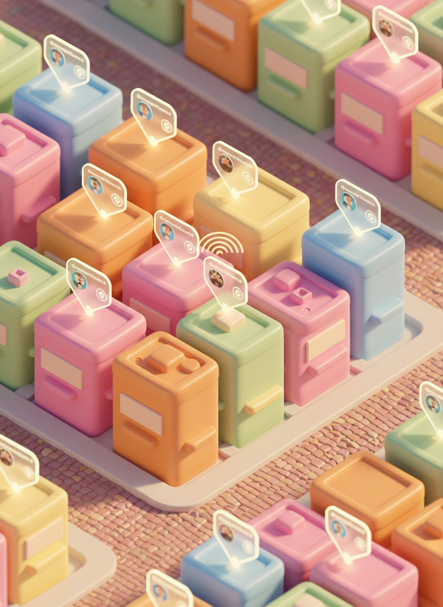 An isometric digital-art city block viewed from above, rendered in smooth, rounded shapes and candy-like colors. Buildings are simplified into soft rectangular forms with glossy surfaces, while floating hexagonal pins hover above rooftops, each pin containing tiny profile card layouts with handles, website icons, and follow buttons. Warm golden-hour light spills across the scene, creating long, gentle shadows between buildings and a cozy, buzzing feeling of activity. A few animated-style signal waves radiate out from certain pins, hinting at active buzz alerts. The composition uses an asymmetrical balance with the densest cluster of pins placed off-center, and sharp detail throughout to invite exploration of the tiny elements, capturing the fun of discovering who’s nearby in your immediate area.