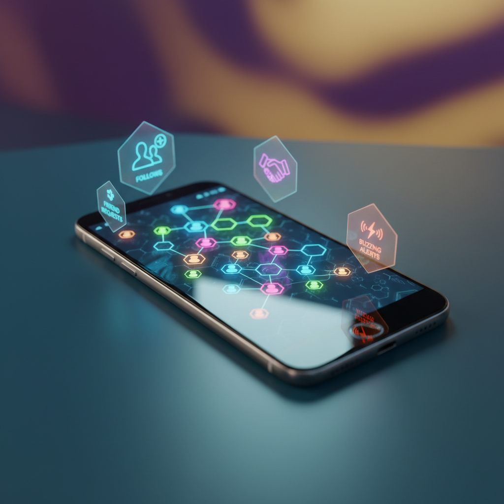 A sleek digital-art smartphone lying at a slight angle on a smooth, dark teal desktop, its screen displaying a vivid proximity map composed of animated hexagonal nodes, each node connected by softly glowing lines. Around the phone, small holographic-style hexagons rise up, showing icons for follows, friend requests, and buzzing alerts, as if the app is extending into the real world. A focused, cool white overhead light highlights the glass surface of the phone and creates subtle reflections, while the background gently blurs into abstract gradients of purple and gold. The atmosphere is playful yet professional, with a cinematic close-up composition and shallow depth of field emphasizing the app as the central tool for connecting with nearby profiles.