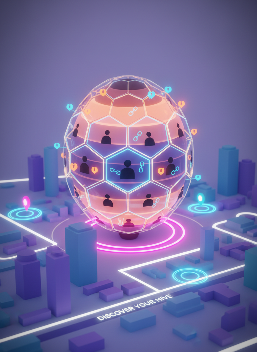 A cheerful digital-art beehive made of translucent glassy hexagons, each hexagon displaying tiny avatar silhouettes, link chain icons, and notification badges, perched atop a stylized cityscape map. The map beneath is simplified into smooth, rounded buildings and curving streets with glowing location rings that pulse outward. Soft, diffused twilight lighting in magenta and cyan tones illuminates the hive from within, casting playful reflections on the map surface. The mood is vibrant and inviting, with the hive centered using the rule of thirds and a gentle vignette around the edges to draw attention inward. The overall style is lively, colorful, and tech-forward, conveying the idea of discovering the “hive” of nearby connections.