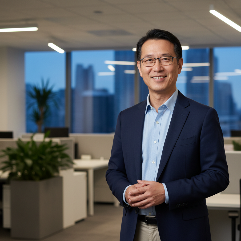 Portrait photo of a middle-aged Asian man with glasses, business-casual clothing, soft office background, approachable and confident.