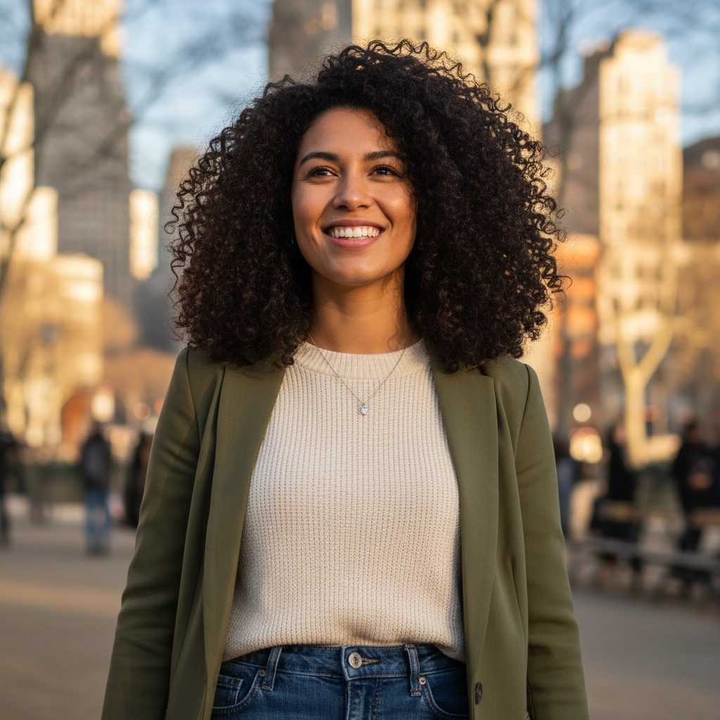 Portrait photo of a young Latina woman with curly hair, smart-casual clothing, urban outdoor background, warm and energetic.