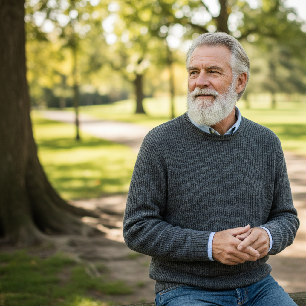 Portrait photo of an older white man with gray hair and beard, relaxed clothing, park background, kind and thoughtful expression.
